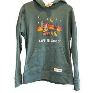 Life is Good Sweatshirt Size Small Mens Green Campfire Hoodie Guitar